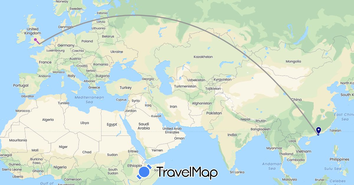 TravelMap itinerary: driving, plane, train in United Kingdom, Hong Kong (Asia, Europe)